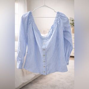 Guess Light Blue and White Striped Button-Down Blouse Crop Top Over Shoulder